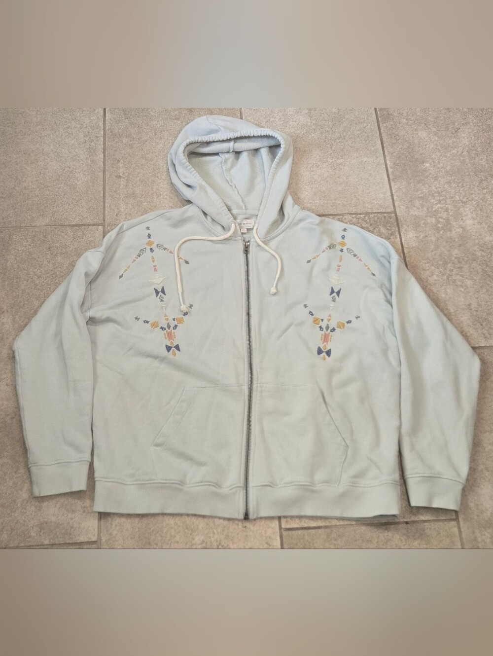 Lucky Brand Geo Embroidered Zip Up Hoodie Sweatshirt Blue Women's Size XL